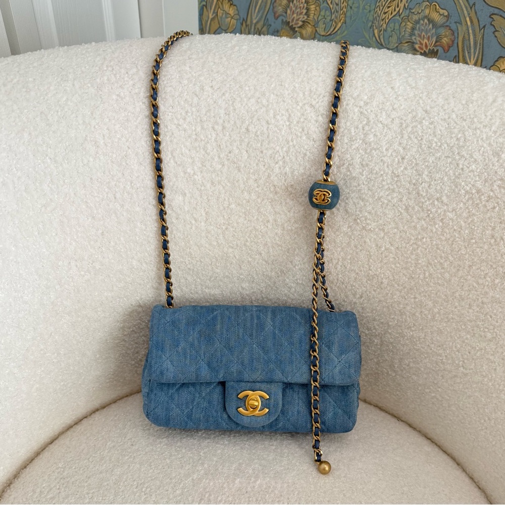Chanel Blue Denim Classic Flap Pearl Crush Bag